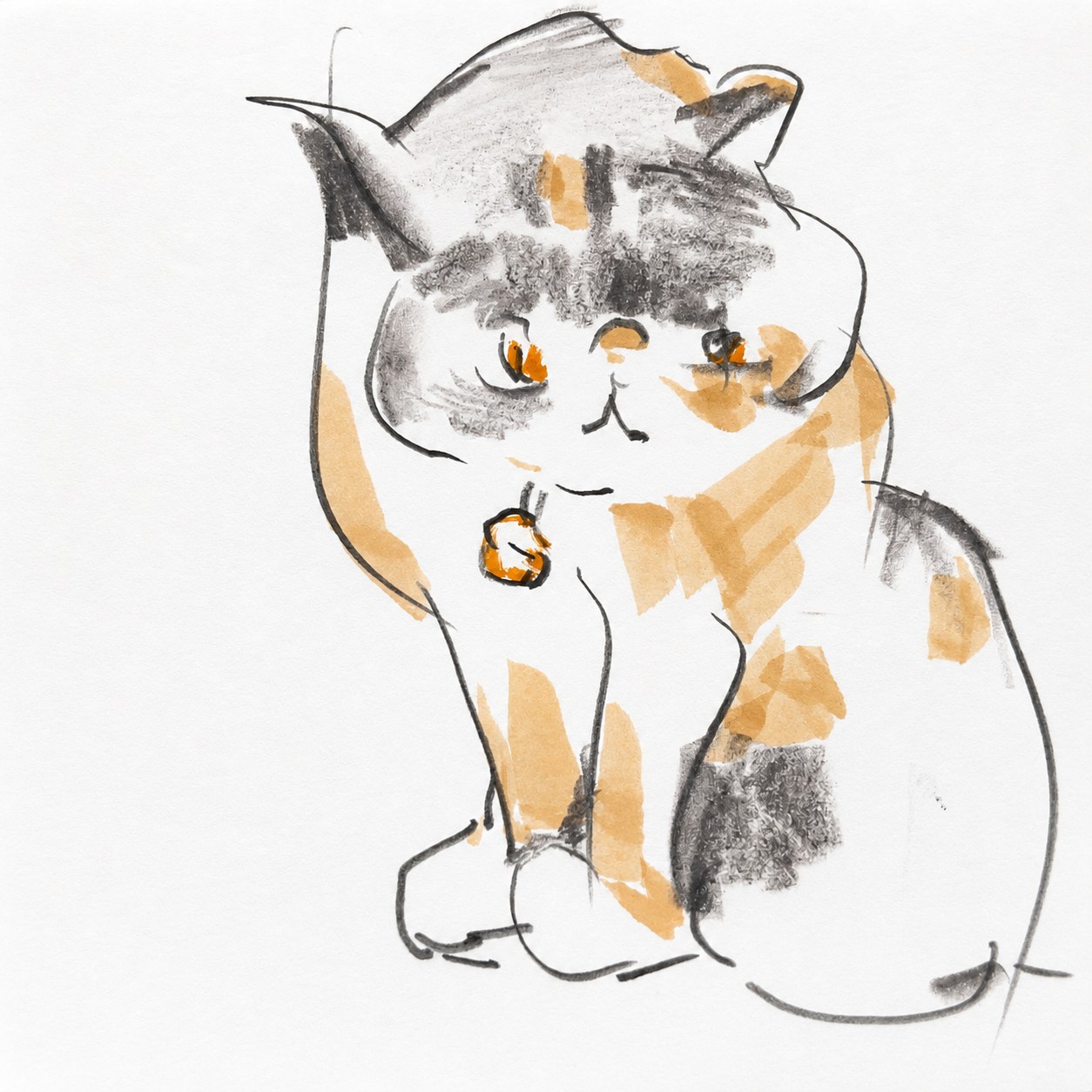 墨と淡彩で描かれた座る猫