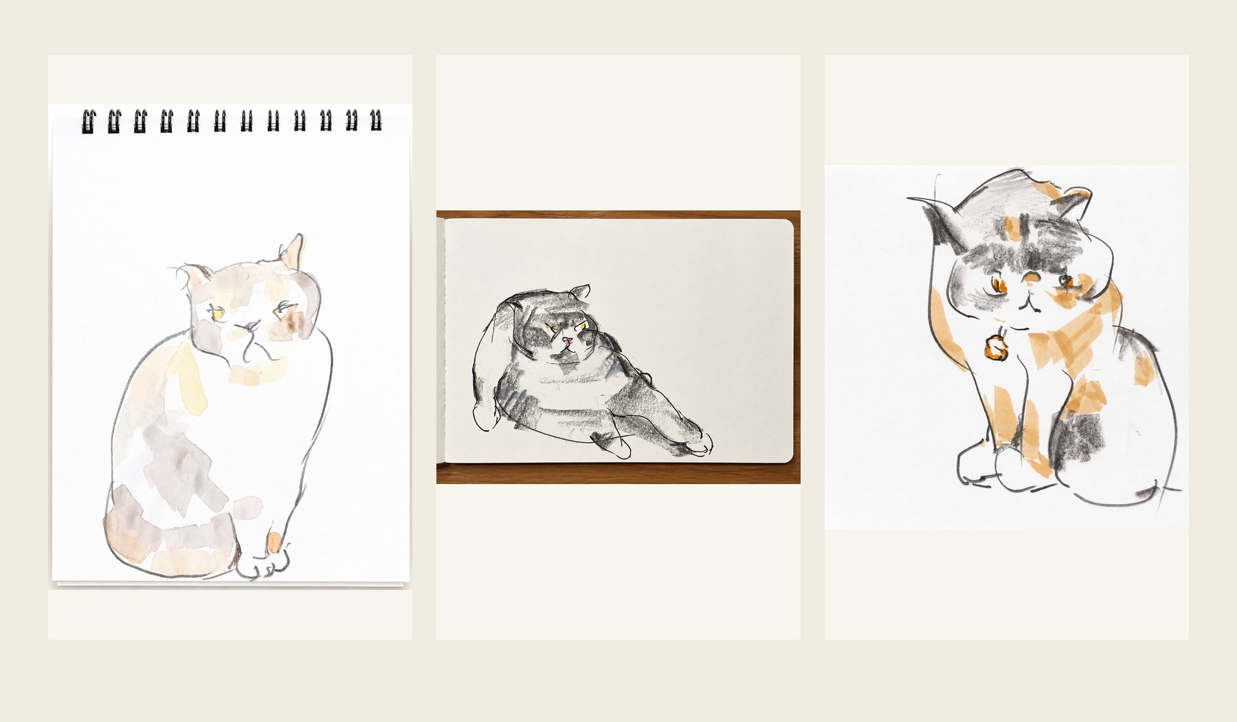 猫を描いた三点の習作