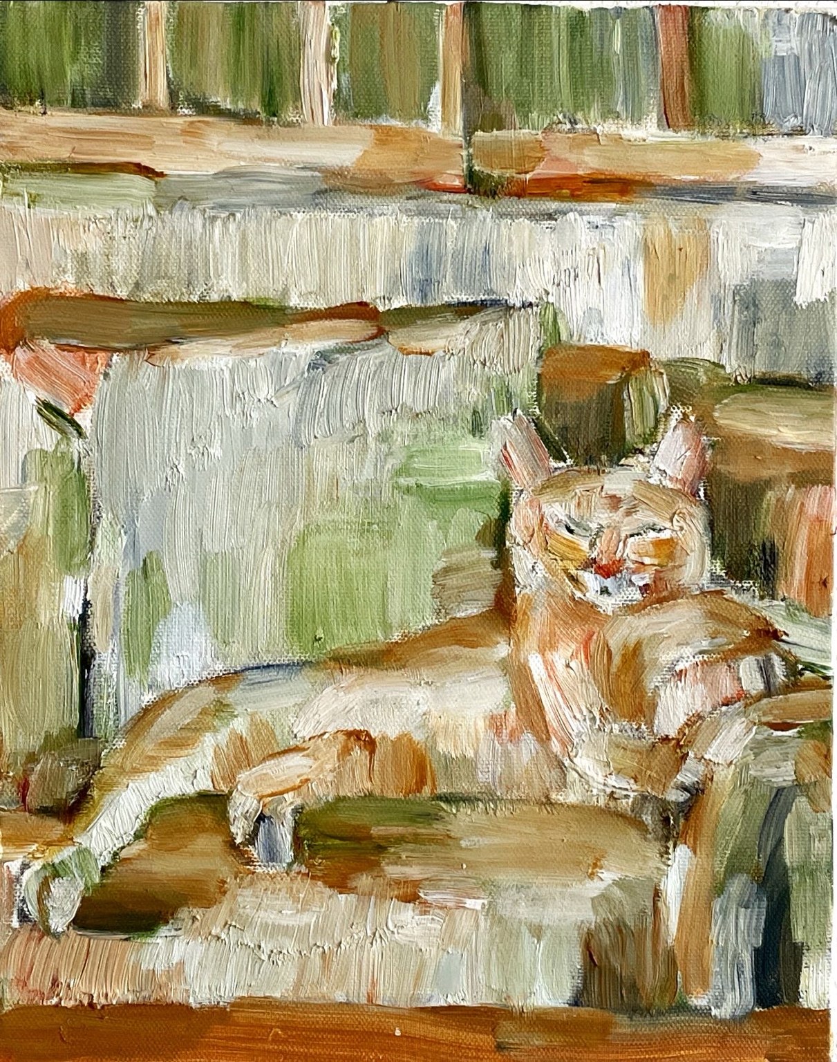 室内でくつろぐ猫を描いた油彩